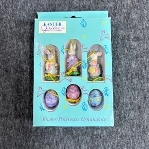 Vintage Easter Jubilee Kmart Polyresin Ornaments Bunny Rabbits Eggs 6 Piece Set